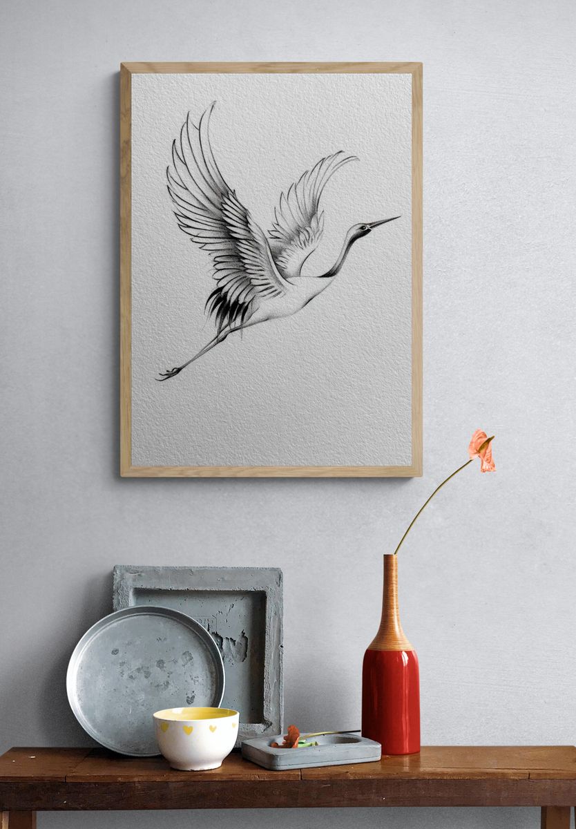 Crane in Flight Ink Poster. — room view 3