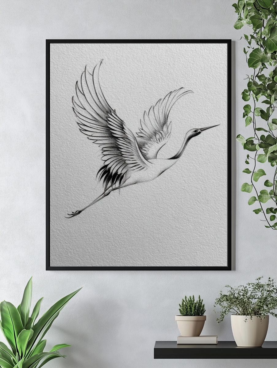Crane in Flight Ink Poster. — room view 4