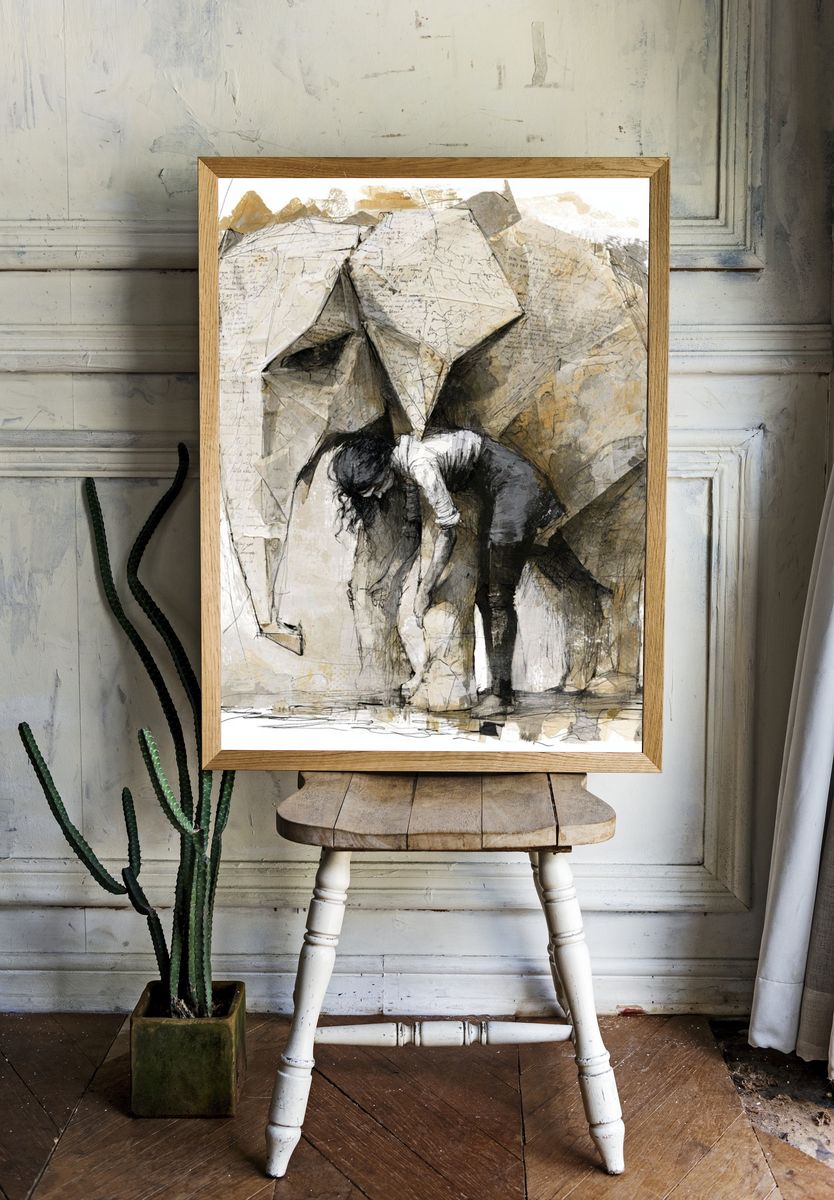 Elephant and Child Ink Poster. room preview