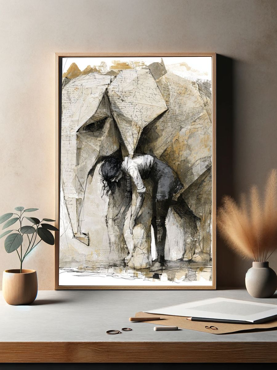 Elephant and Child Ink Poster. — room view 2