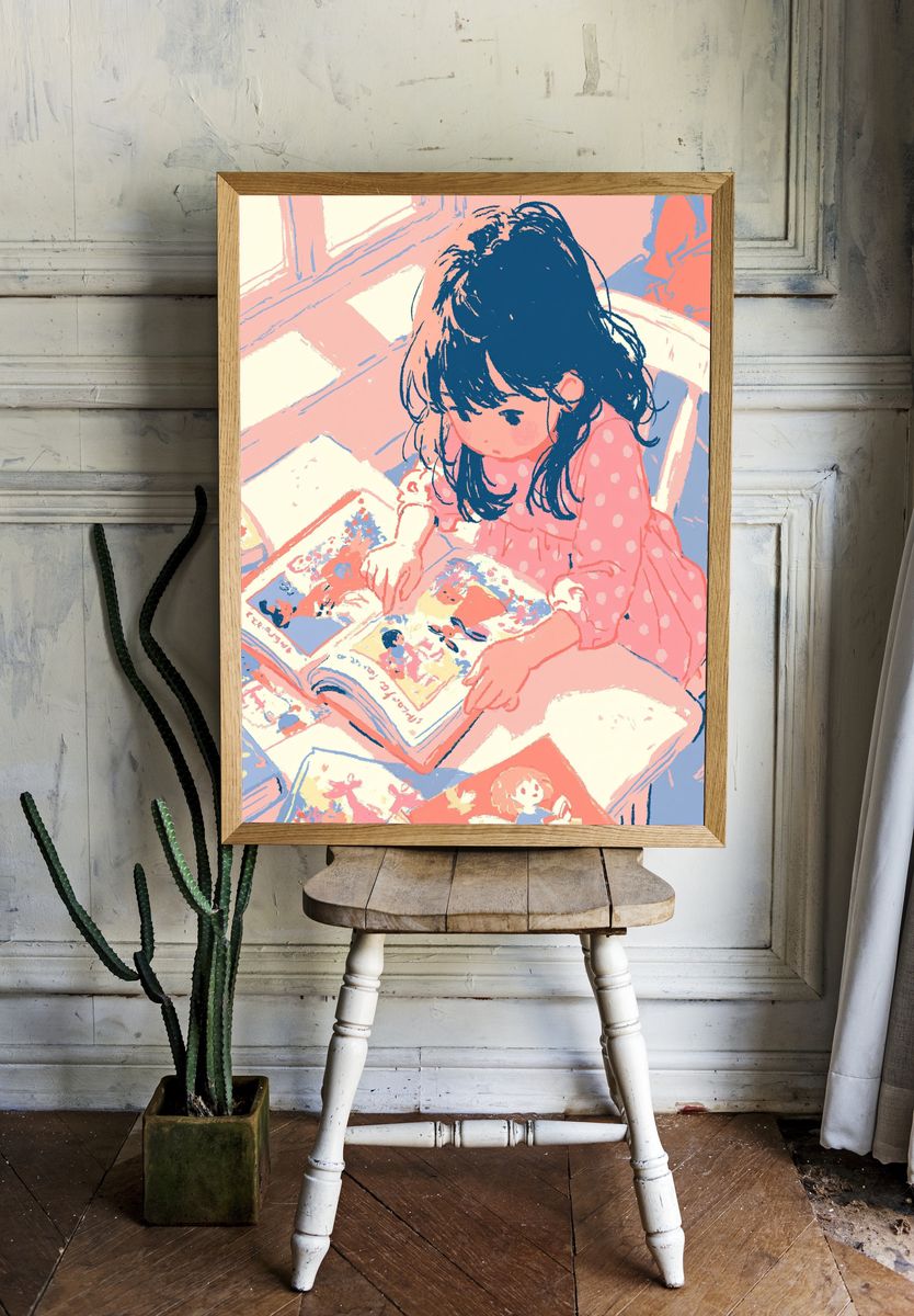 Girl Reading Manga Illustration Poster. room preview