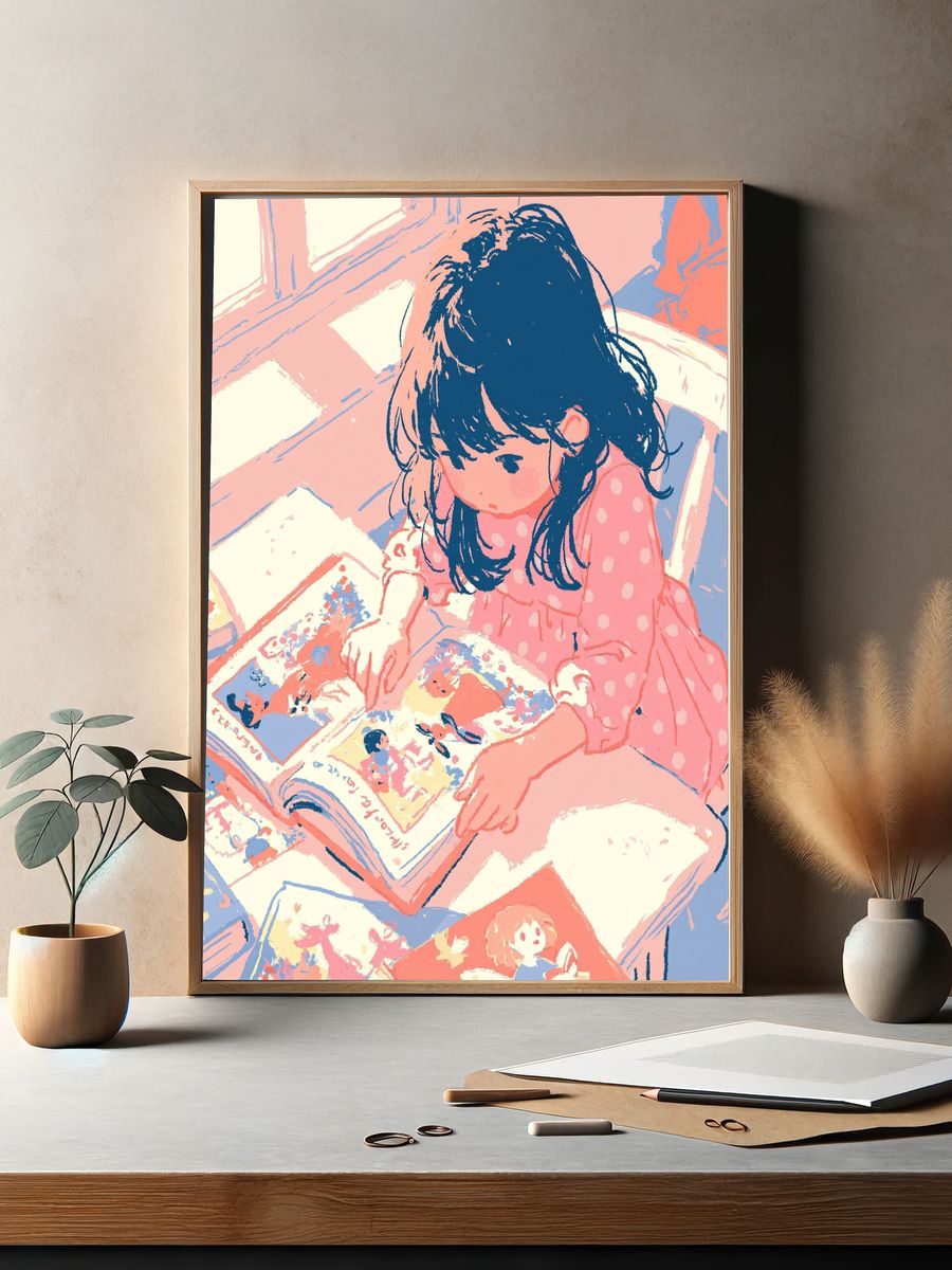 Girl Reading Manga Illustration Poster. — room view 2