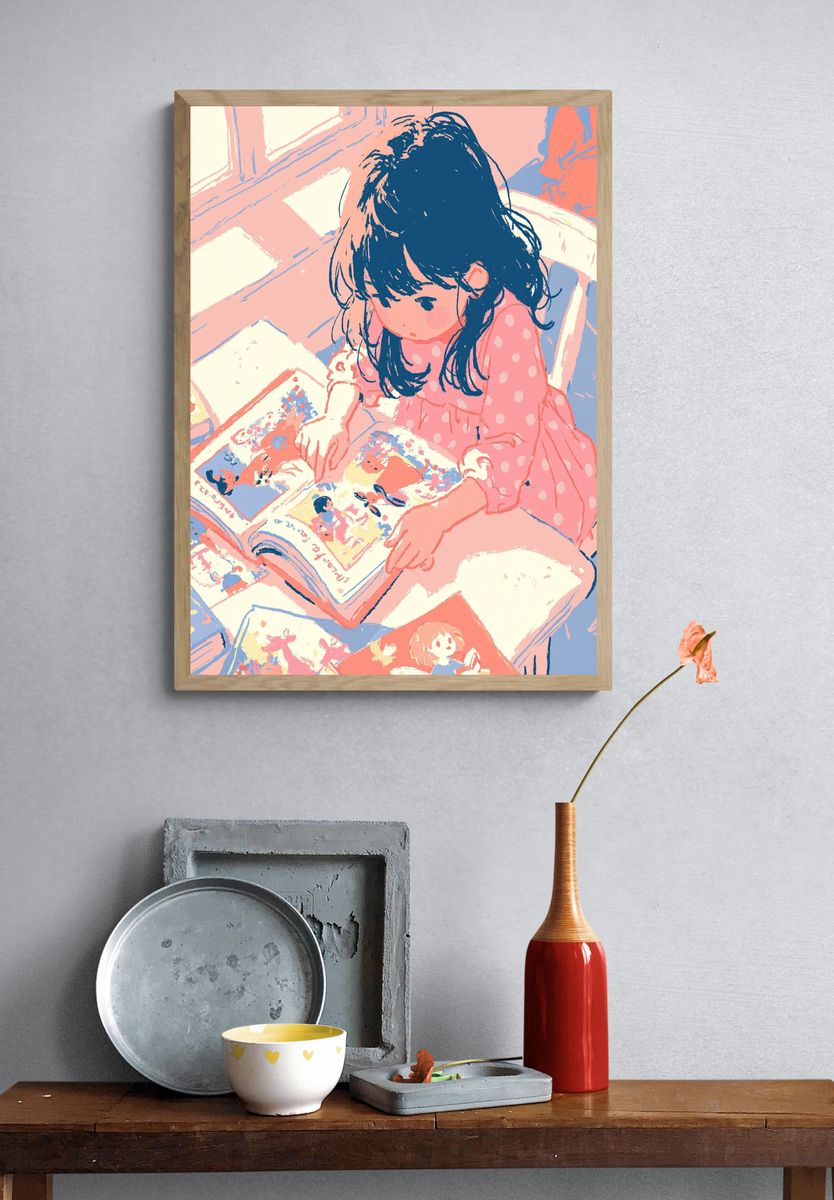 Girl Reading Manga Illustration Poster. — room view 3