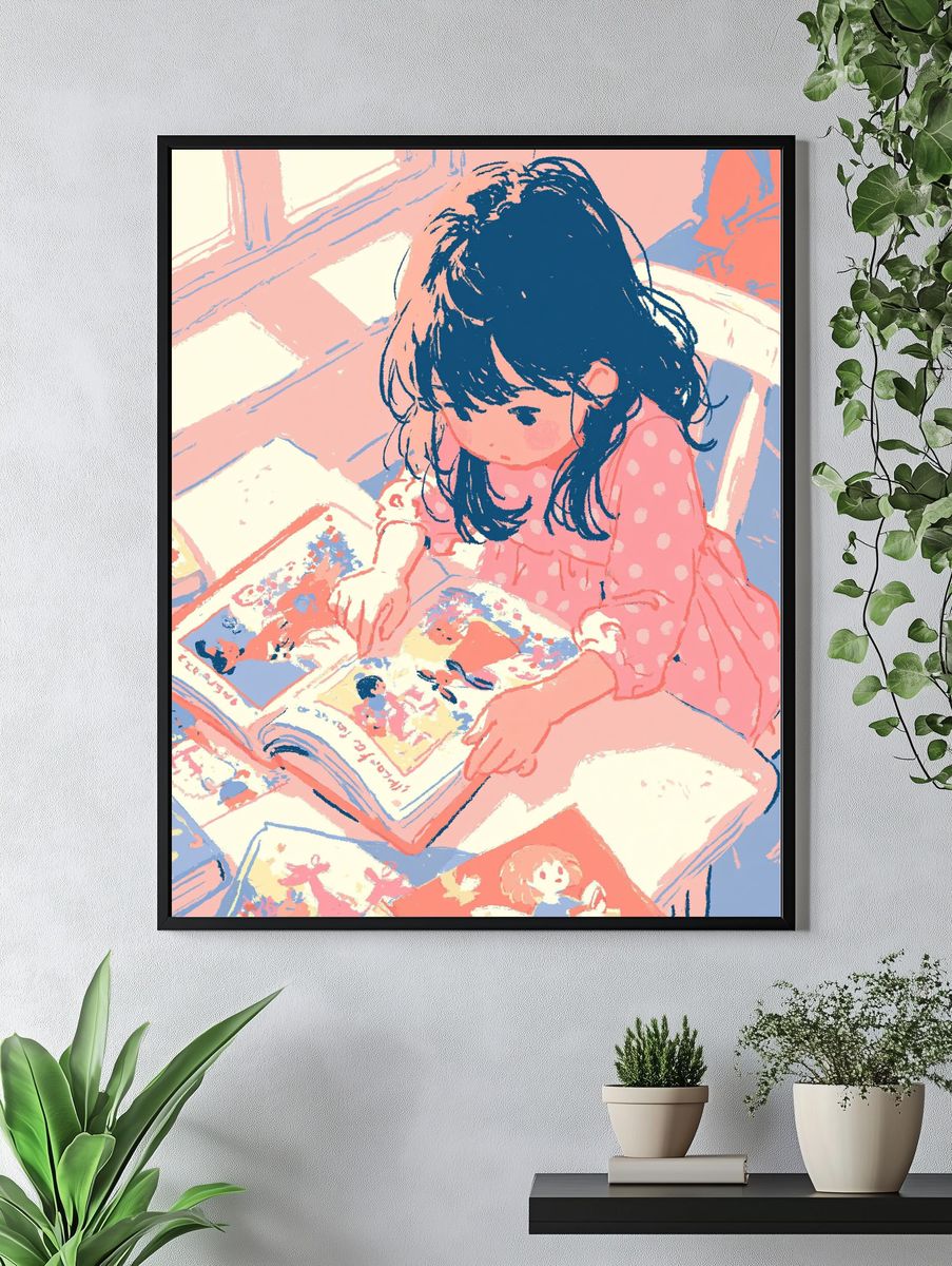 Girl Reading Manga Illustration Poster. — room view 4