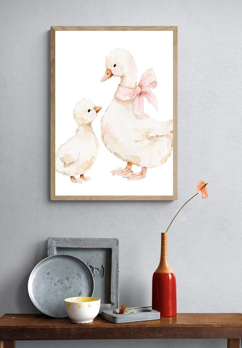 Mother and Duckling Watercolor Poster. — room view 3