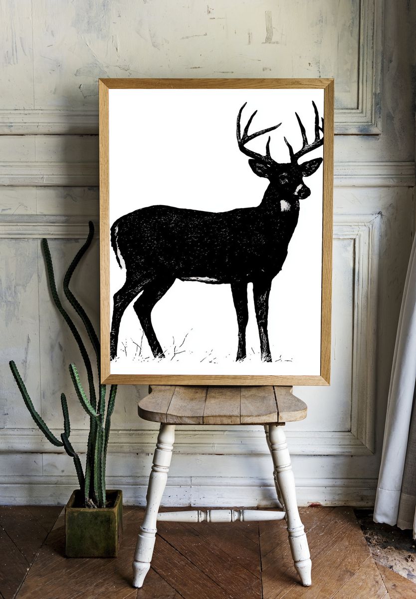 Black Deer Silhouette Print. room preview