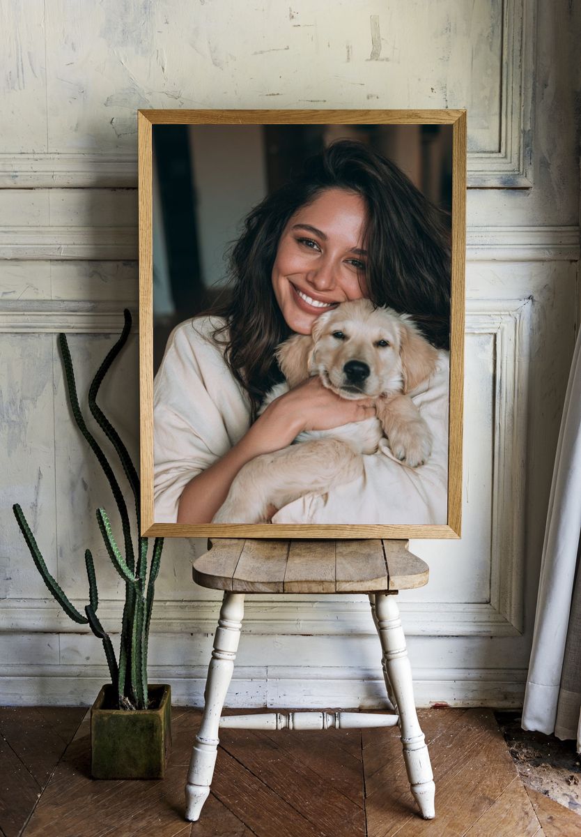 Woman with Golden Retriever Puppy Poster. room preview