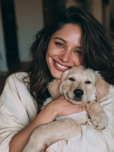 Woman with Golden Retriever Puppy Poster. poster
