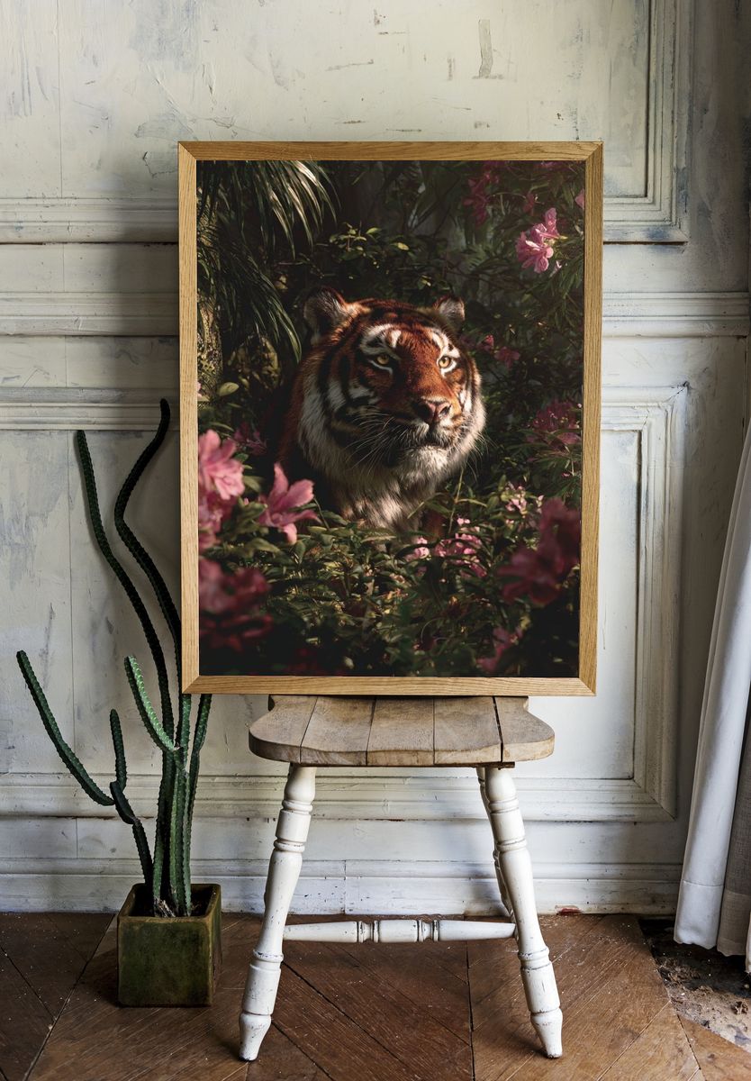 Tiger in Blooming Jungle Poster. — room view 1
