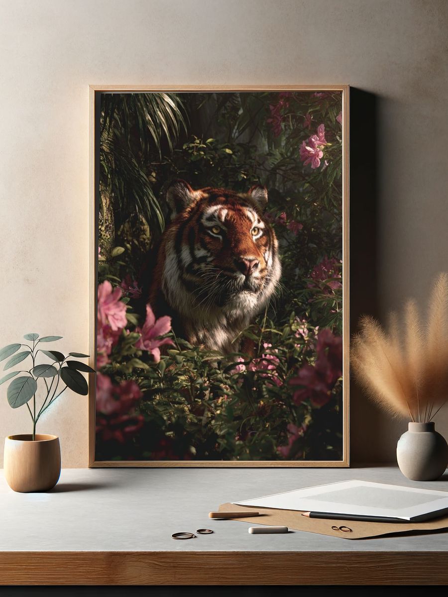 Tiger in Blooming Jungle Poster. — room view 2