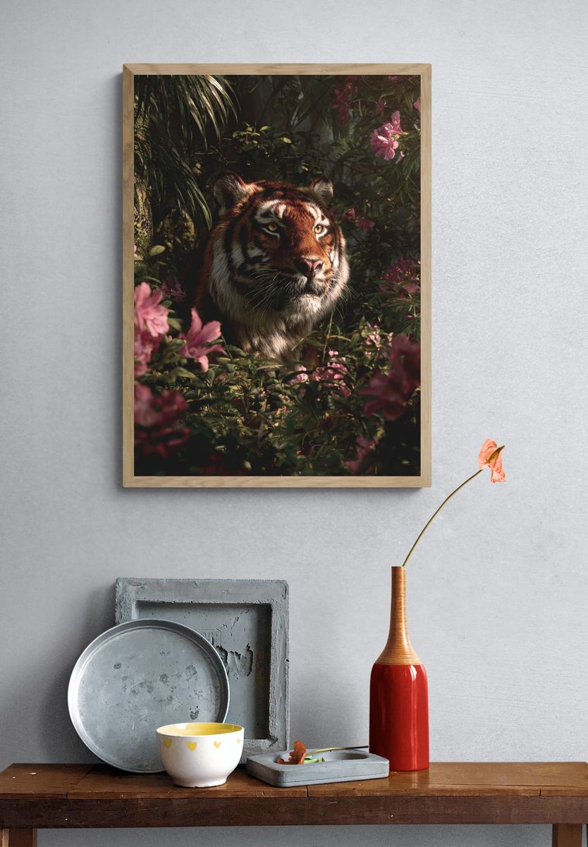 Tiger in Blooming Jungle Poster. — room view 3