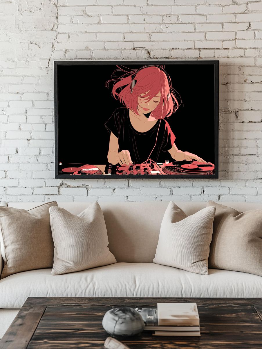 Anime DJ Girl — Illustration Print. room preview