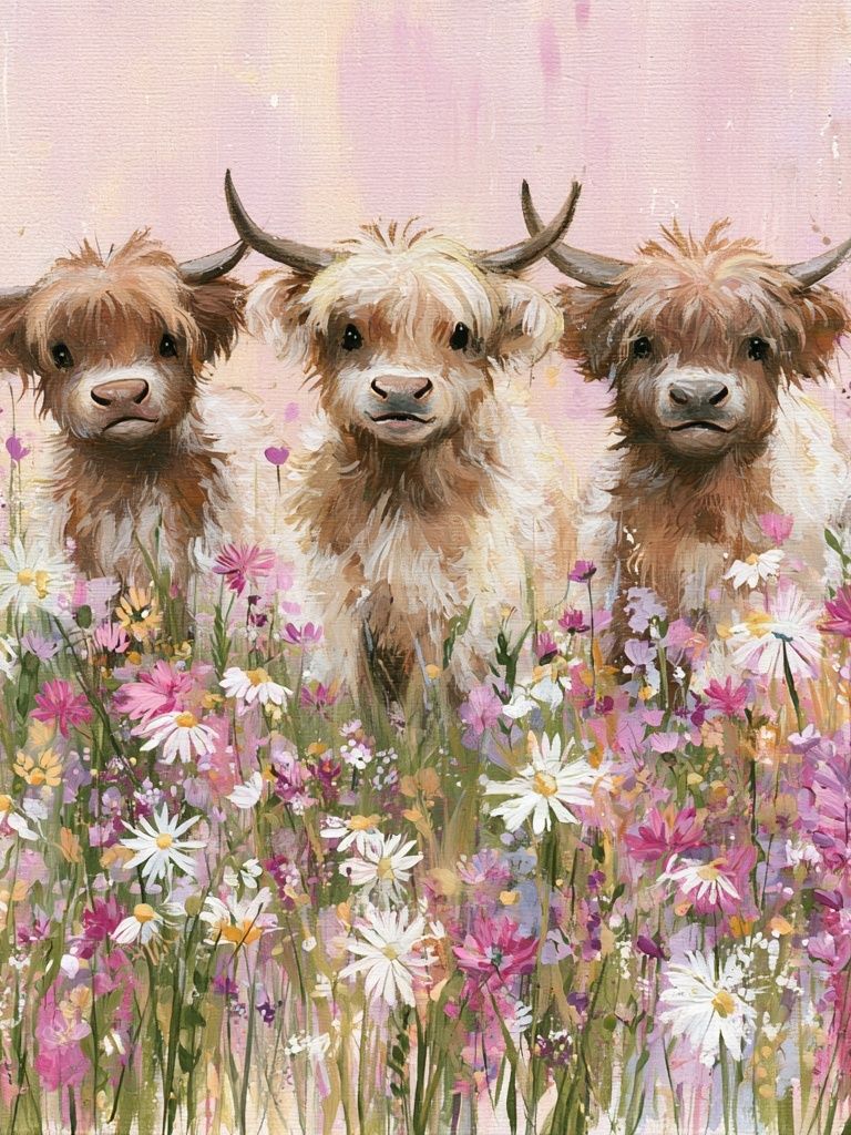 Highland Calves in Wildflowers Poster. poster — animals art