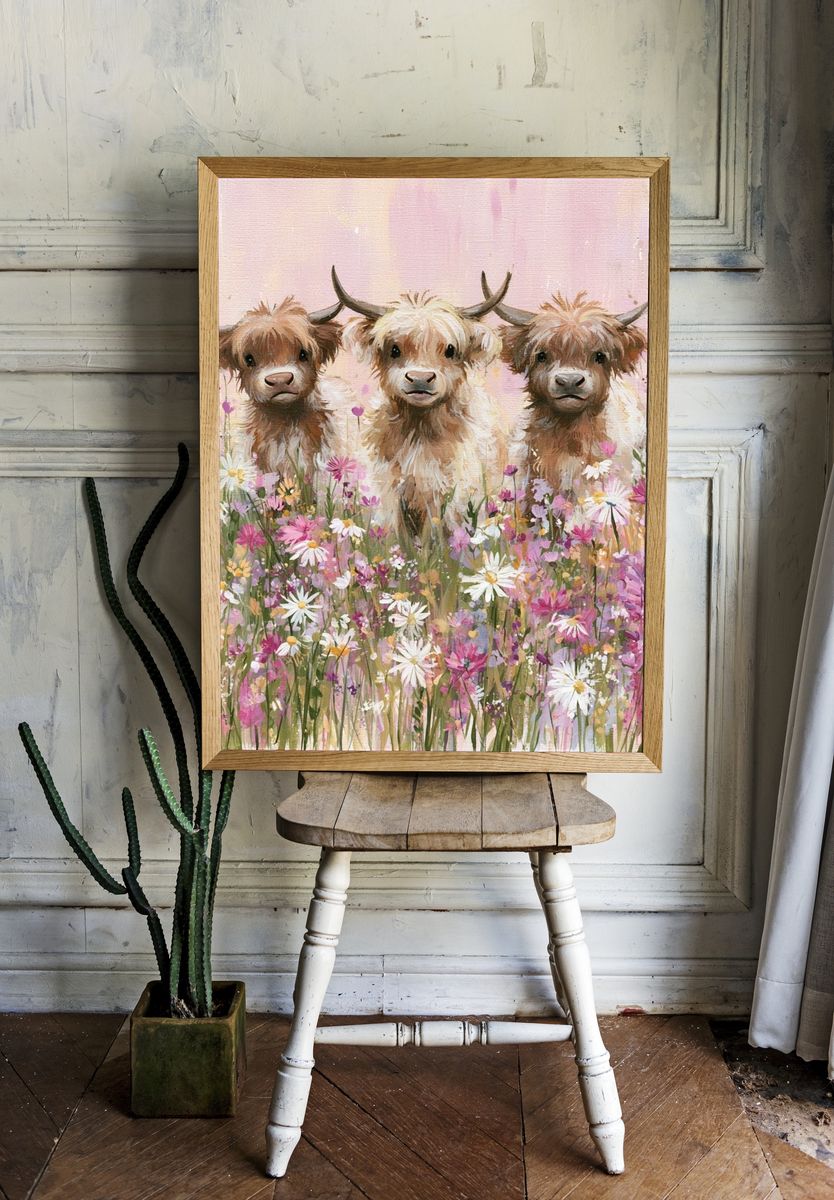 Highland Calves in Wildflowers Poster. room preview