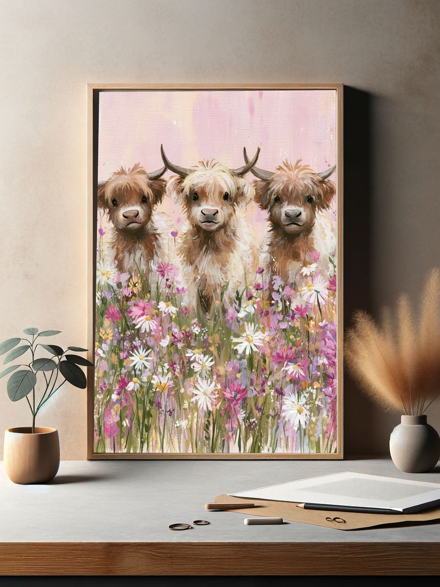 Highland Calves in Wildflowers Poster. — room view 2