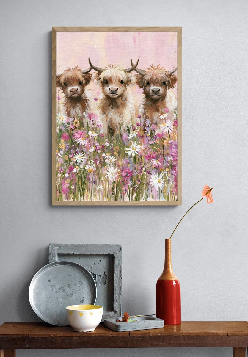 Highland Calves in Wildflowers Poster. — room view 3