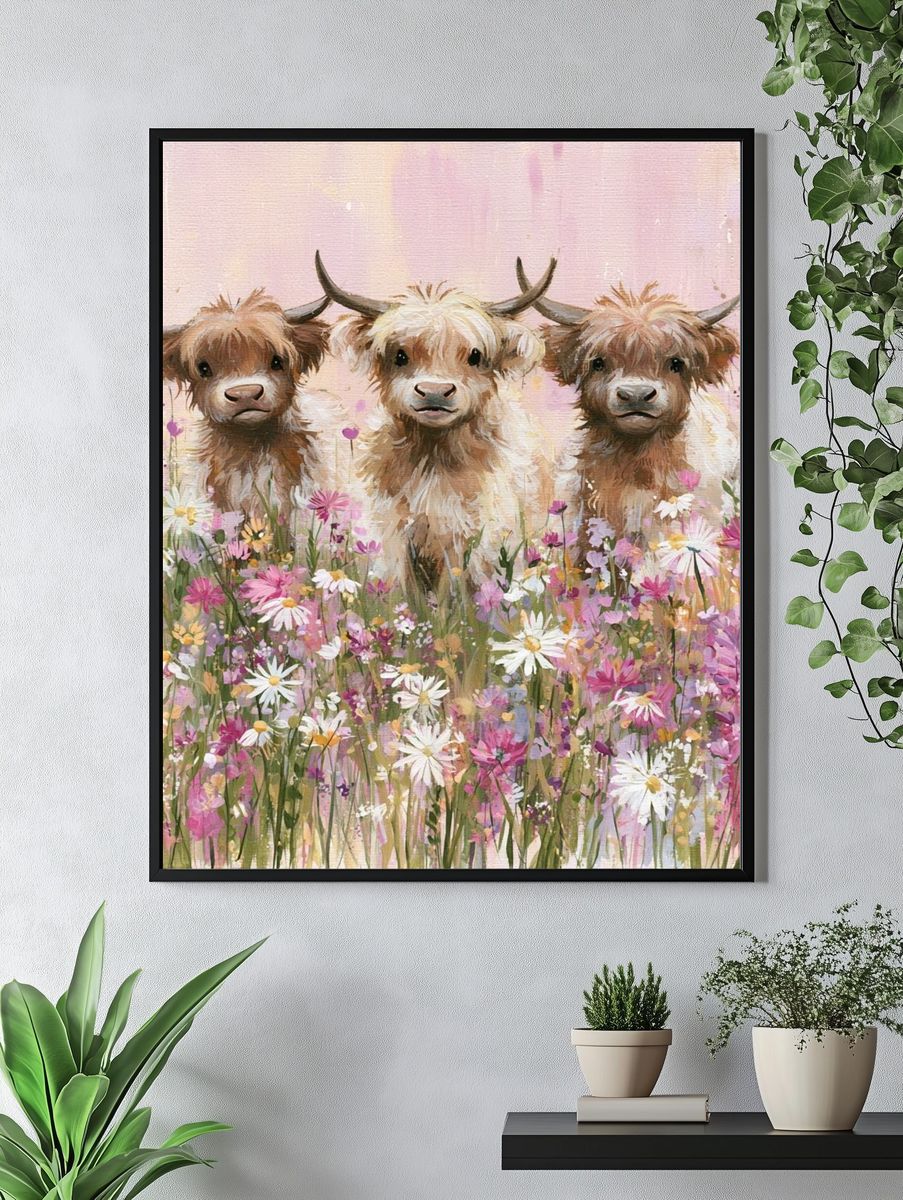 Highland Calves in Wildflowers Poster. — room view 4