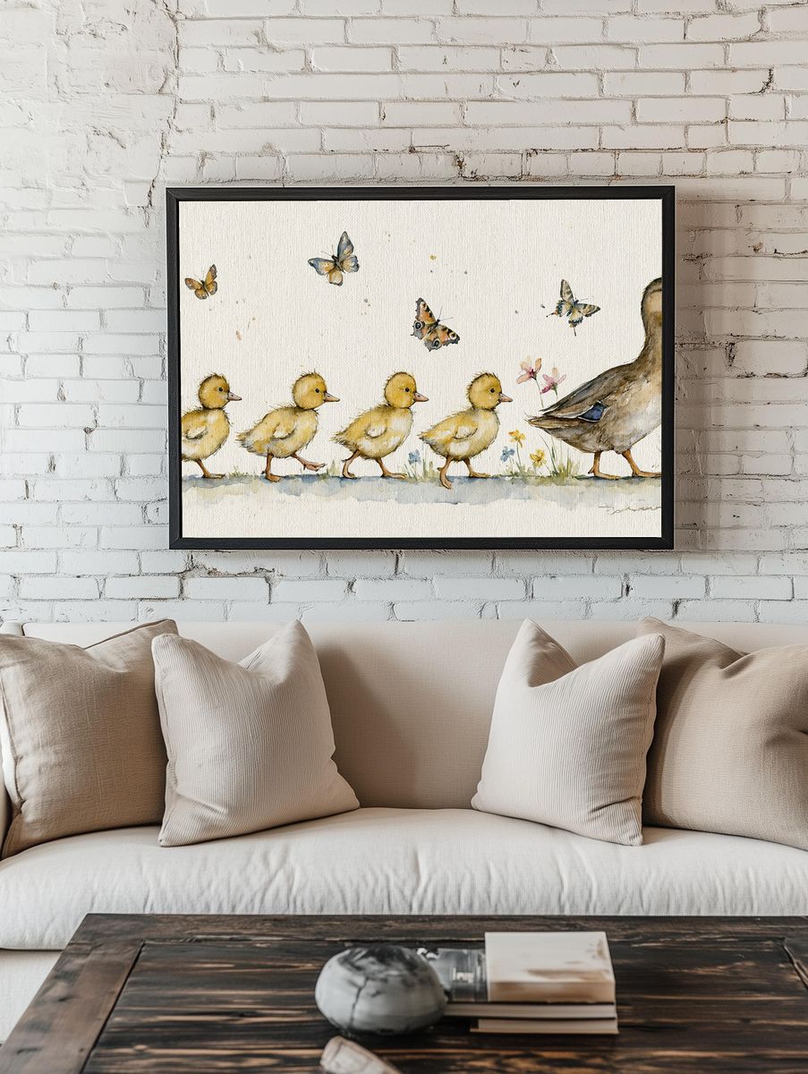 Duck Family Watercolor Print. room preview