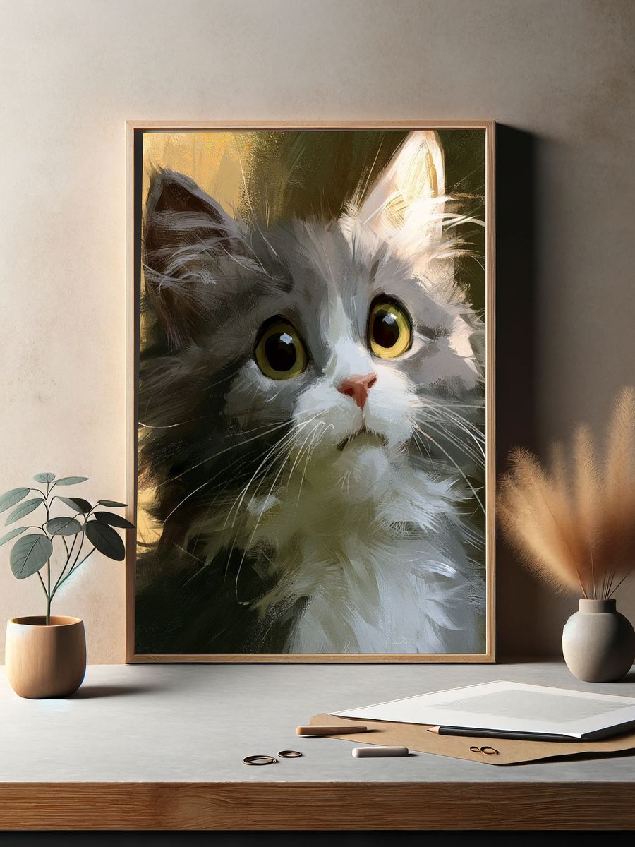 Wide-Eyed Kitten Illustration Poster. — room view 2