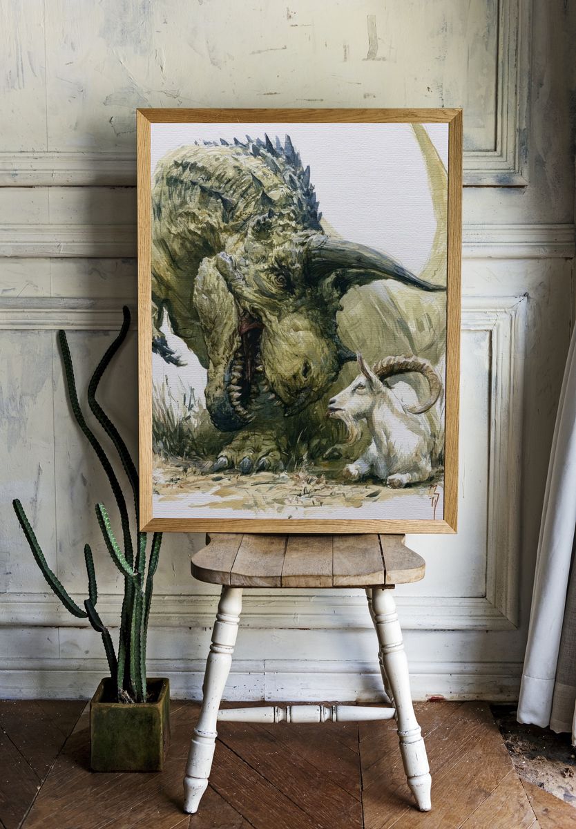 Dinosaur and Goat Watercolor Poster. room preview