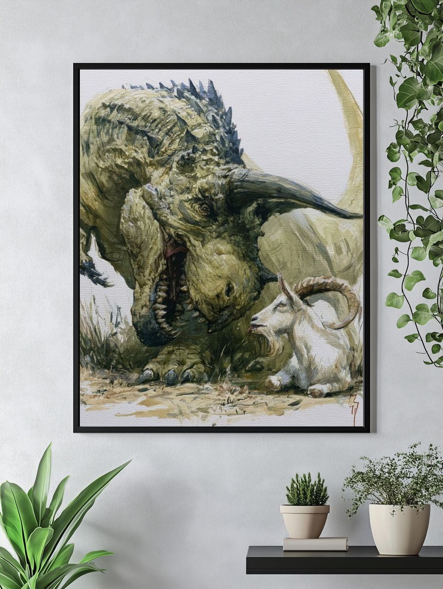 Dinosaur and Goat Watercolor Poster. — room view 4