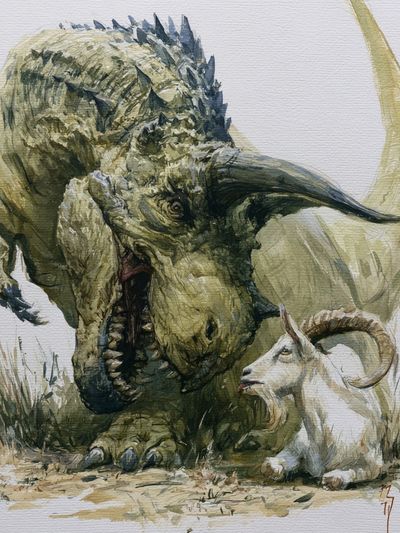 Dinosaur and Goat Watercolor Poster.