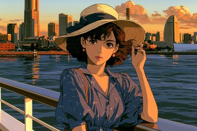 Sunset Harbor Girl Anime Poster. poster