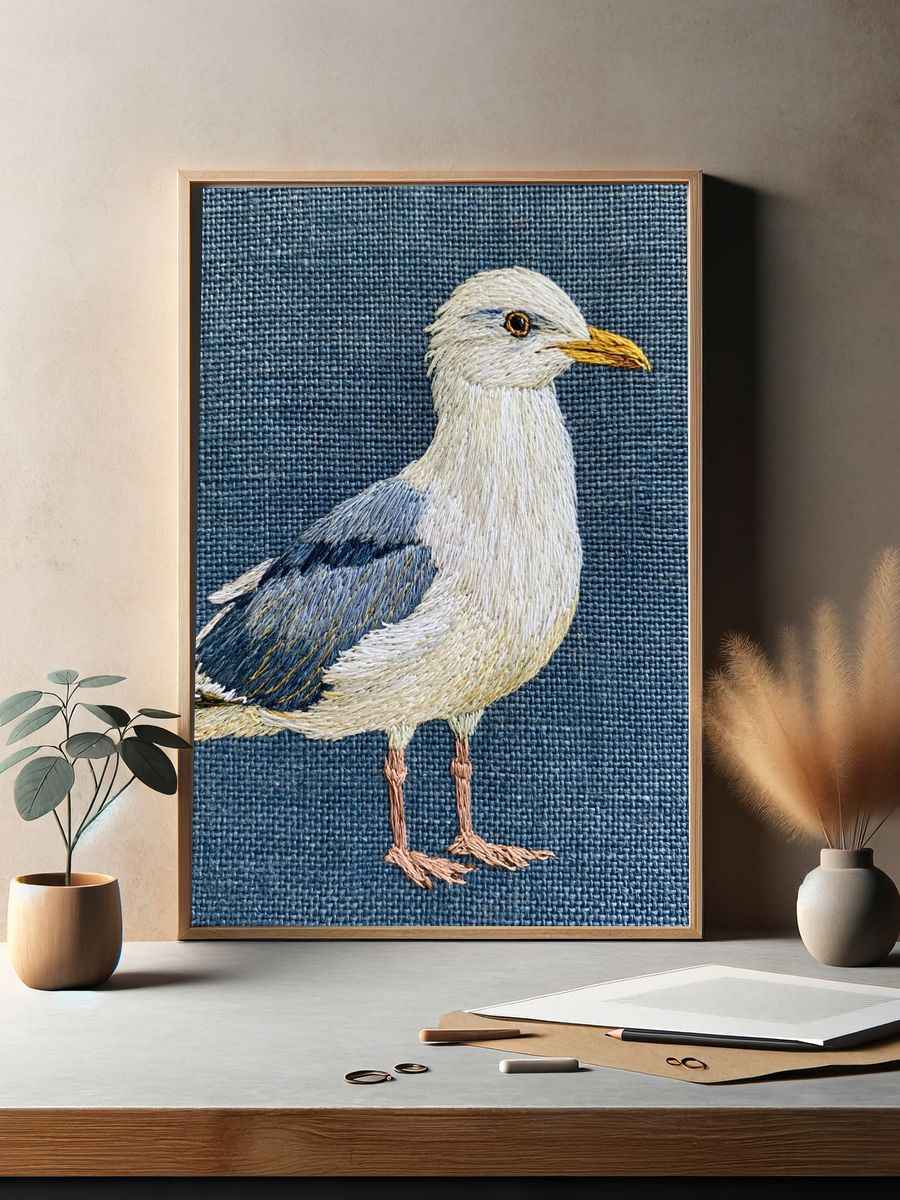 Seagull Embroidery Illustration Poster. — room view 2