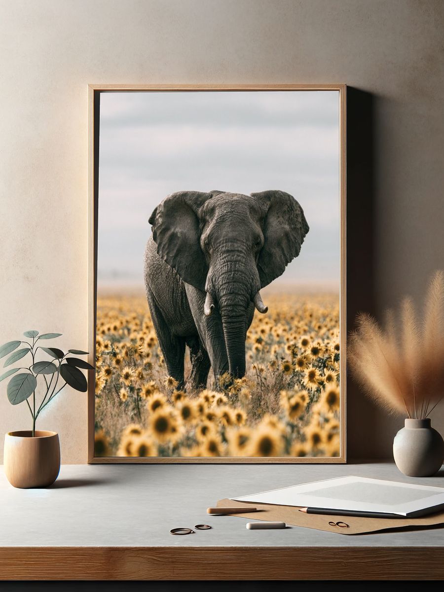 Elephant in Sunflower Field Photography Poster. — room view 2