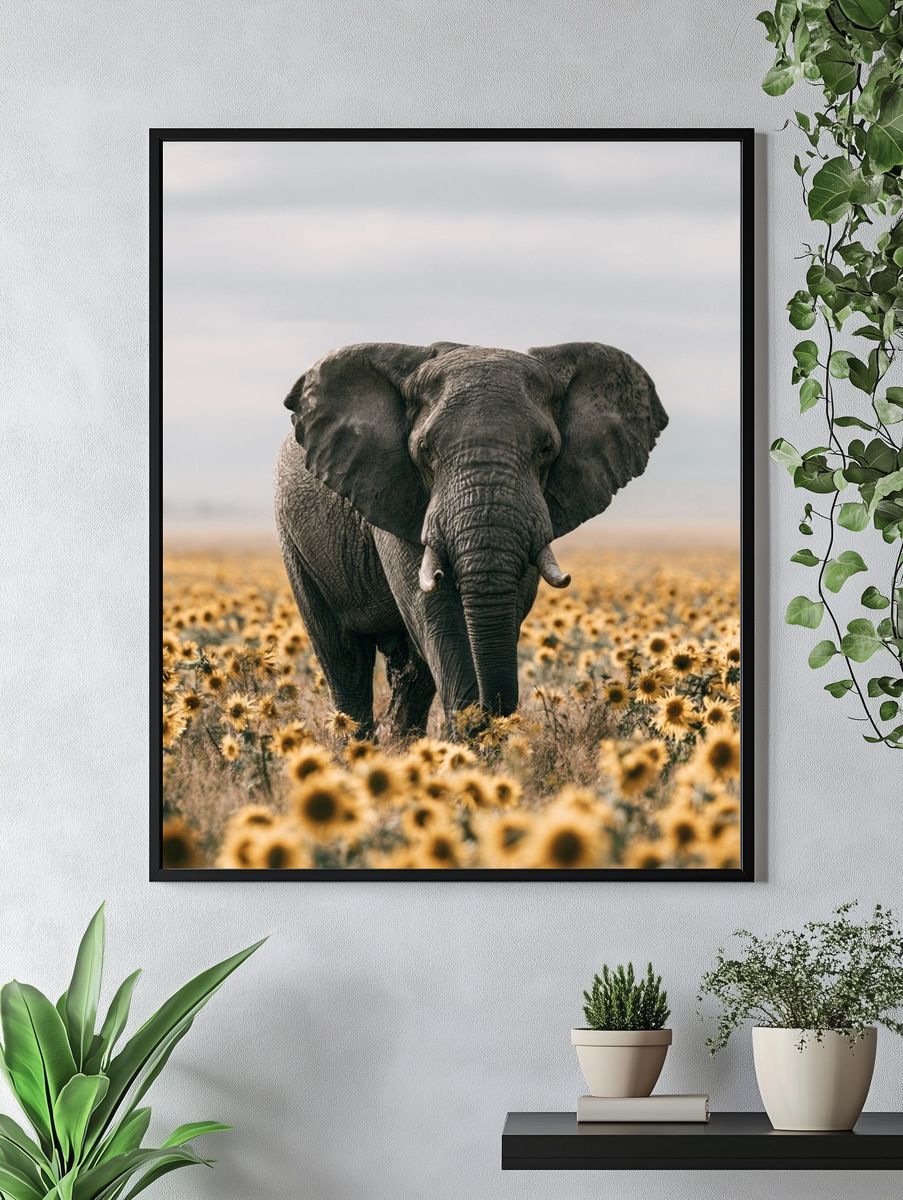 Elephant in Sunflower Field Photography Poster. — room view 4