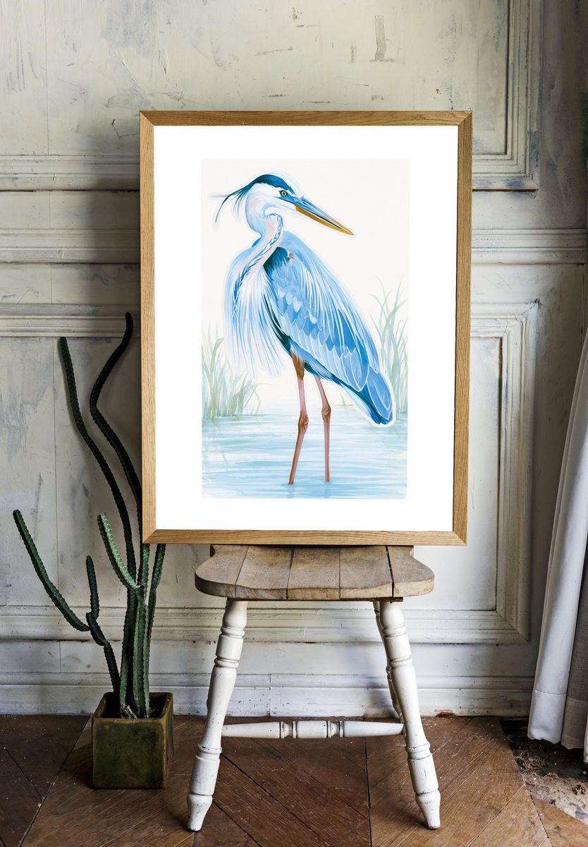 Blue Heron Watercolor Print. room preview