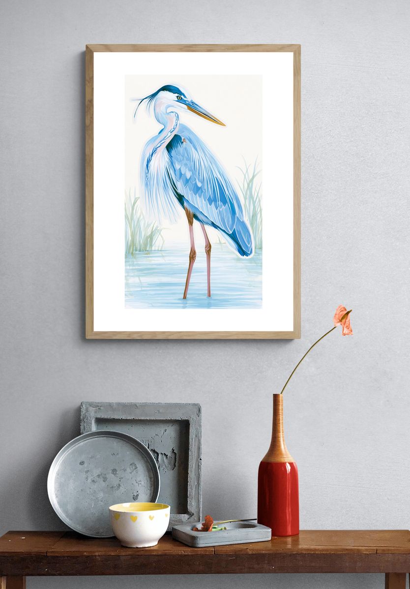 Blue Heron Watercolor Print. — room view 3