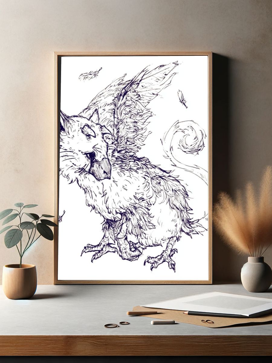 Winged Cat Sketch Poster. — room view 2