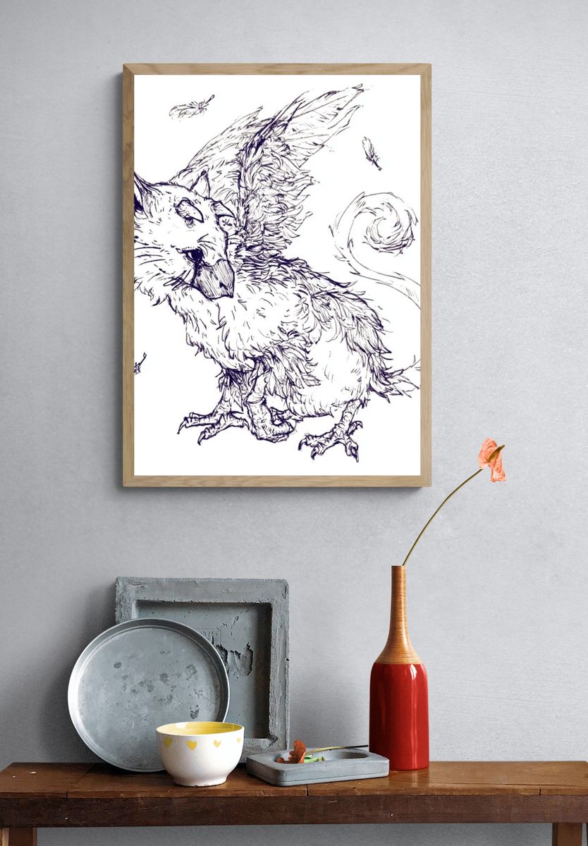 Winged Cat Sketch Poster. — room view 3