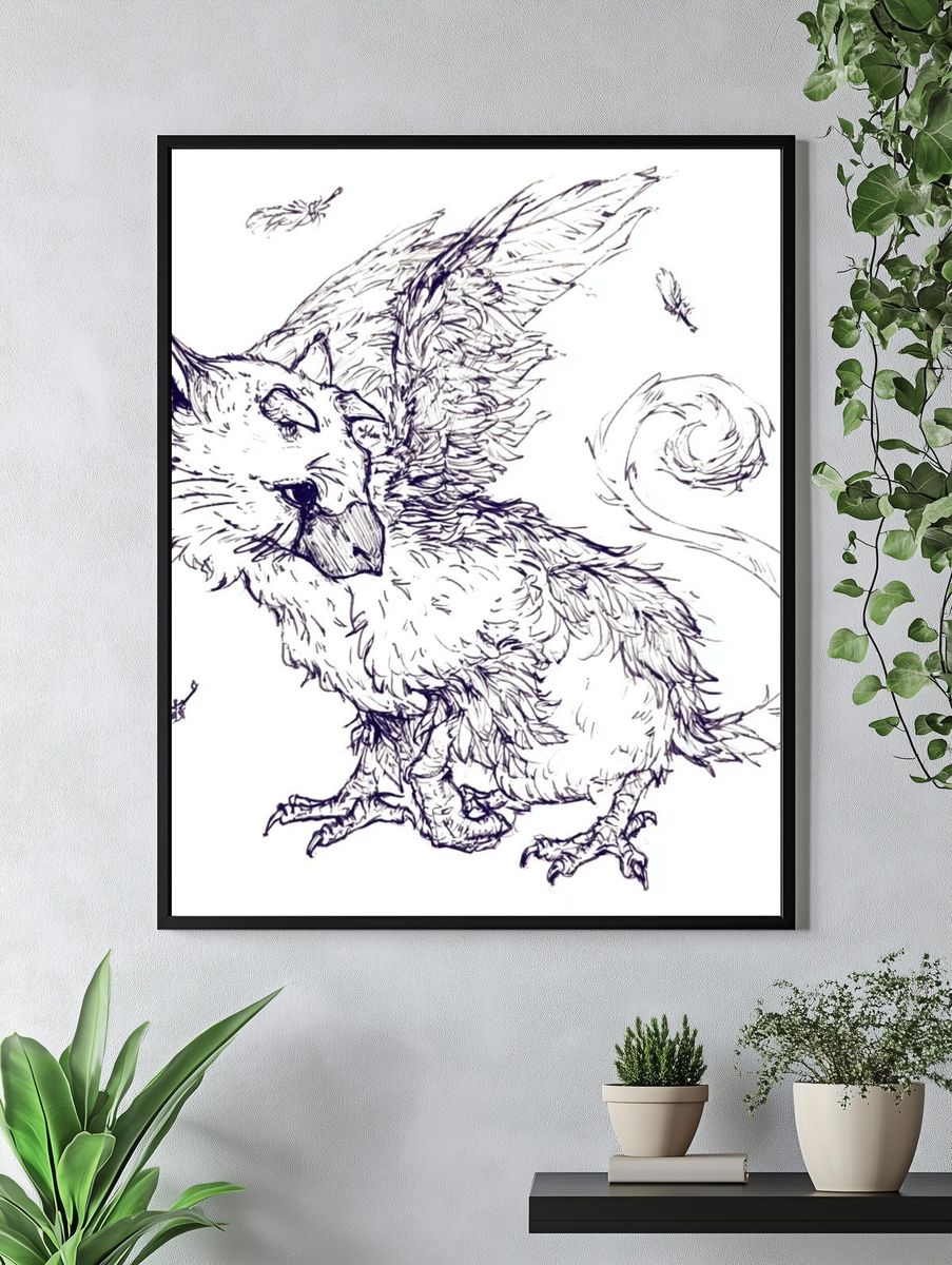 Winged Cat Sketch Poster. — room view 4