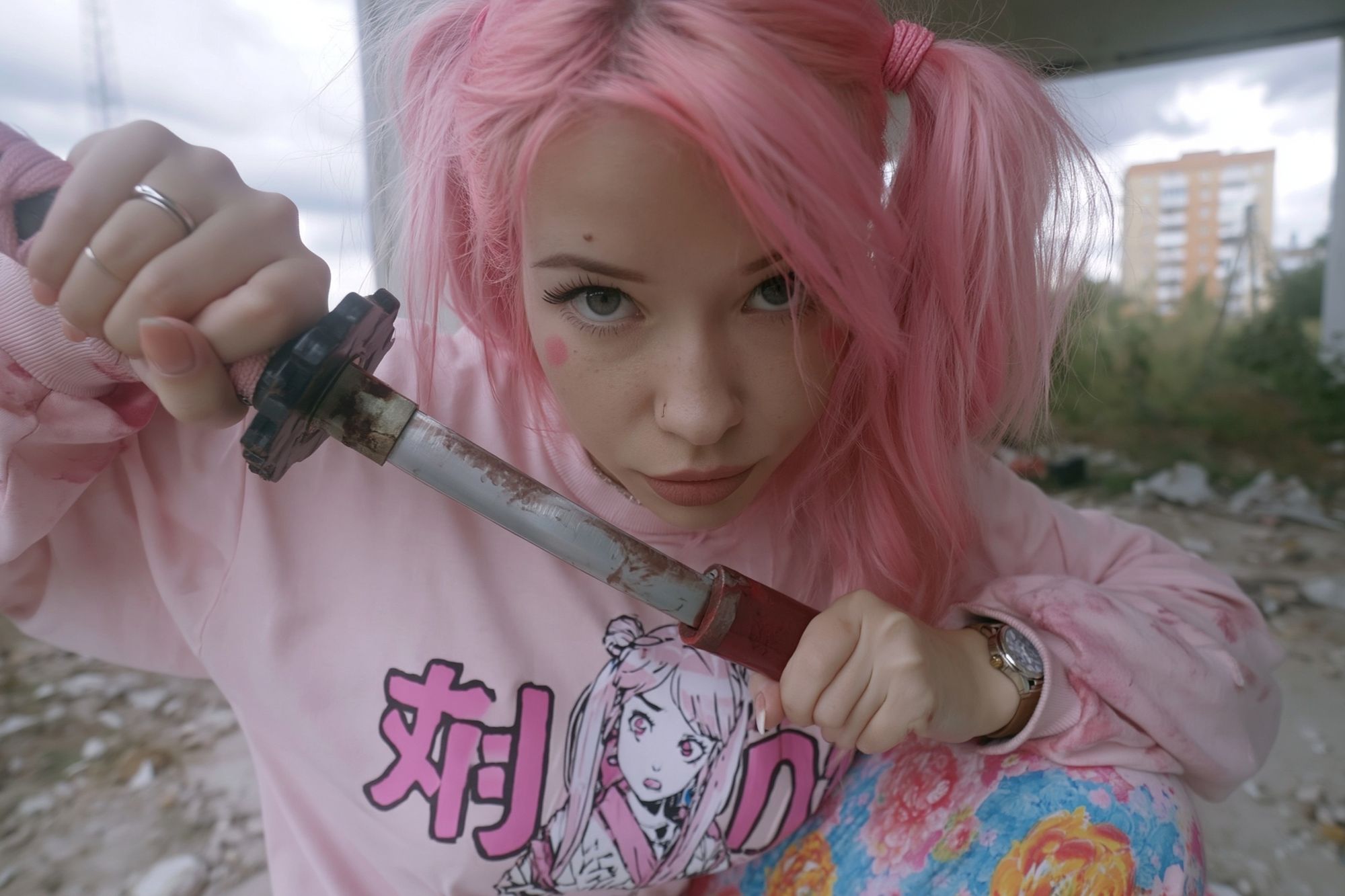 Pink Hair Cosplay Portrait Print. poster — anime art