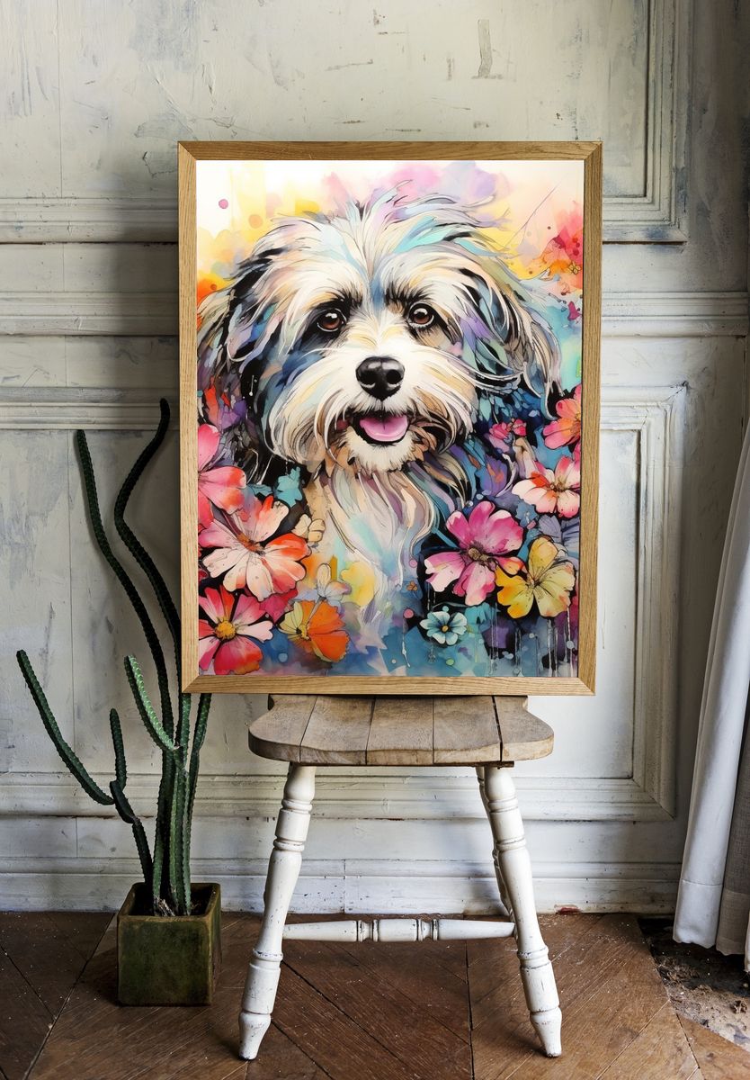 Floral Dog Portrait Illustration Poster. room preview