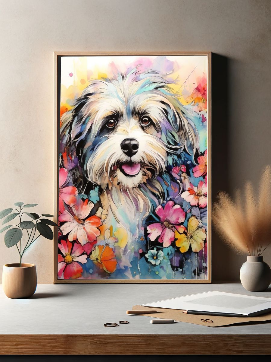 Floral Dog Portrait Illustration Poster. — room view 2