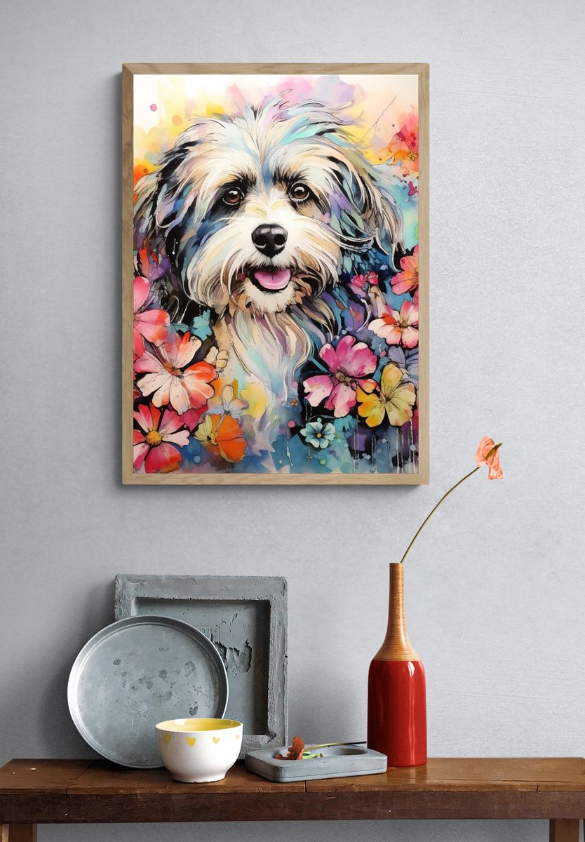 Floral Dog Portrait Illustration Poster. — room view 3