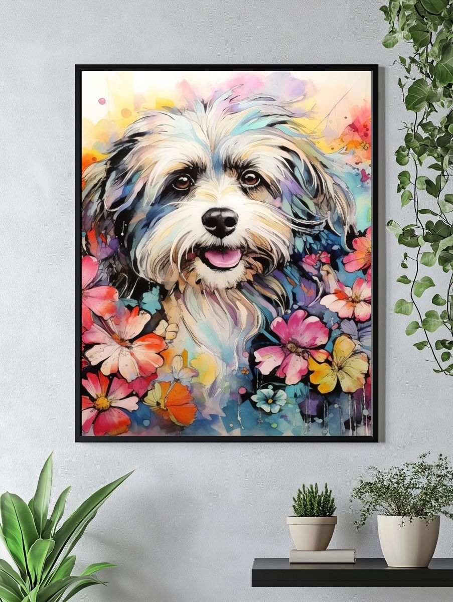 Floral Dog Portrait Illustration Poster. — room view 4