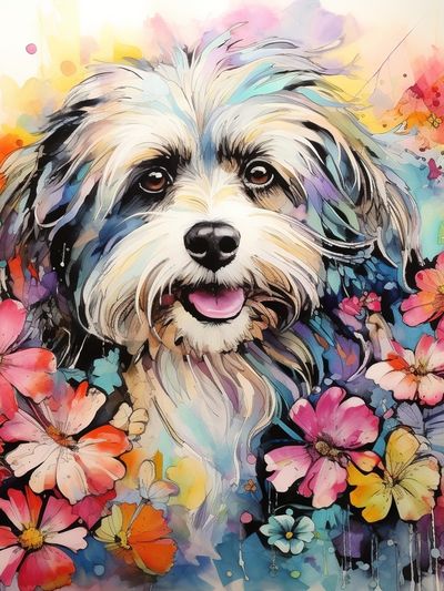 Floral Dog Portrait Illustration Poster.