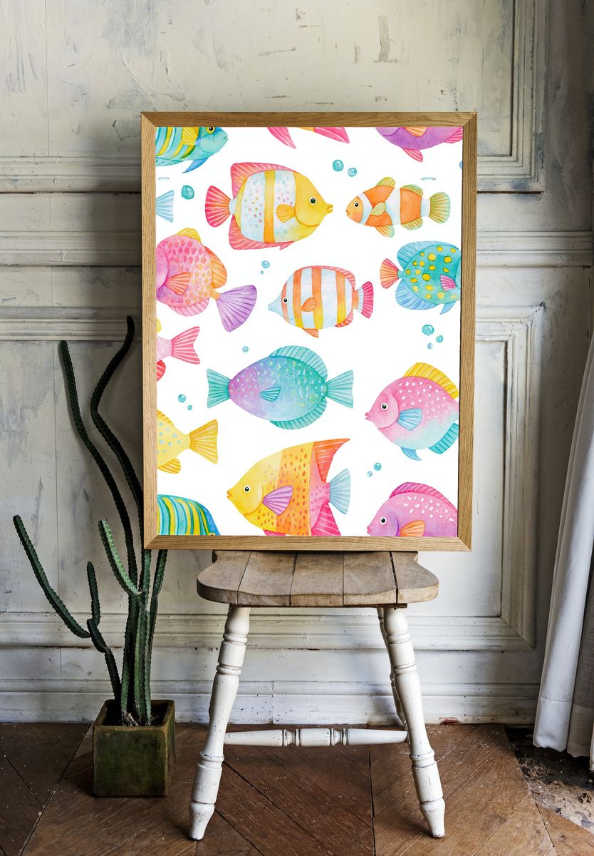 Colorful Tropical Fish Watercolor Poster. room preview