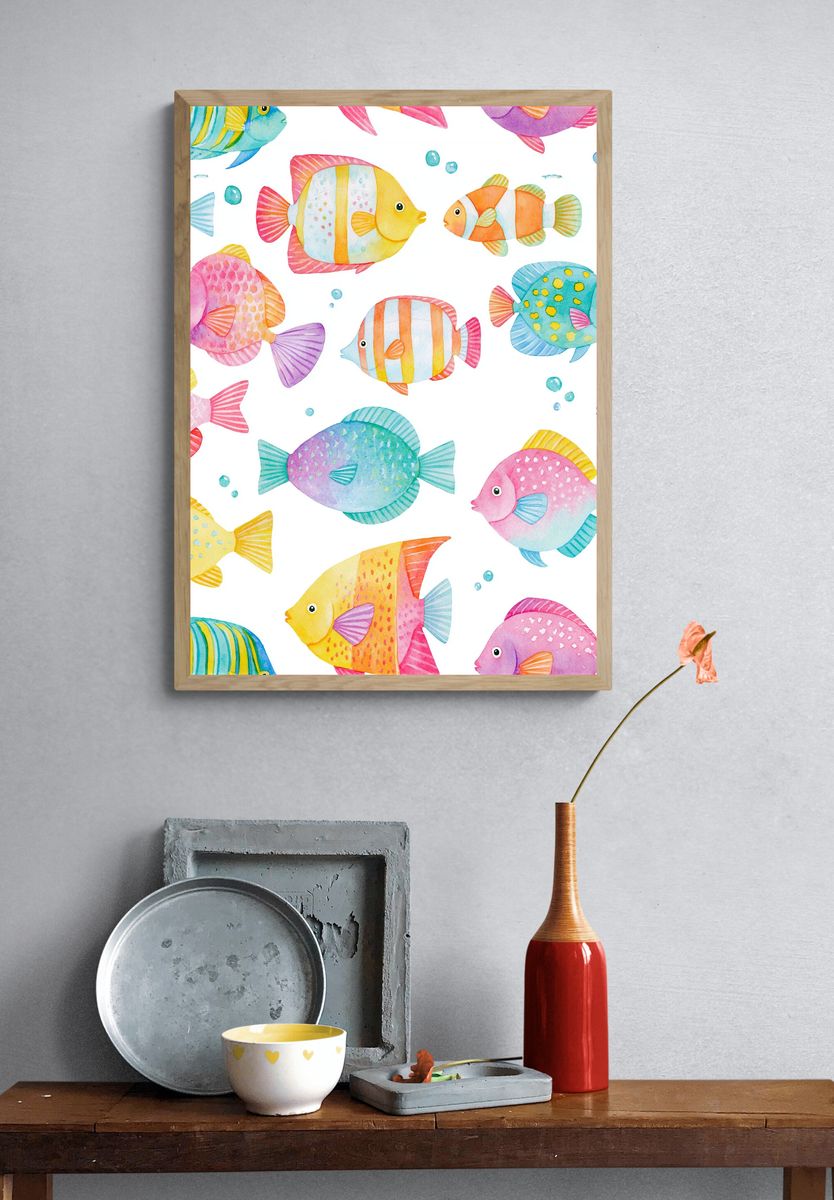 Colorful Tropical Fish Watercolor Poster. — room view 3
