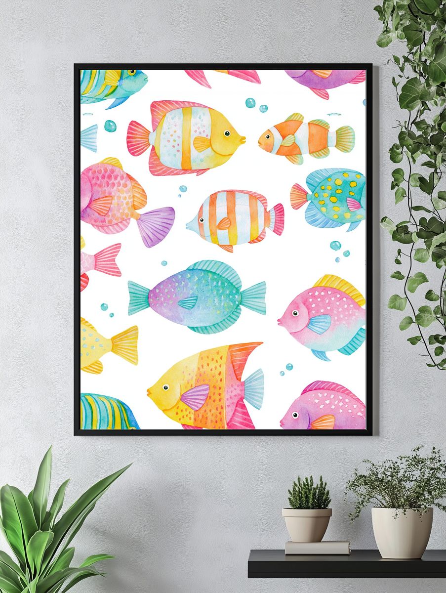 Colorful Tropical Fish Watercolor Poster. — room view 4