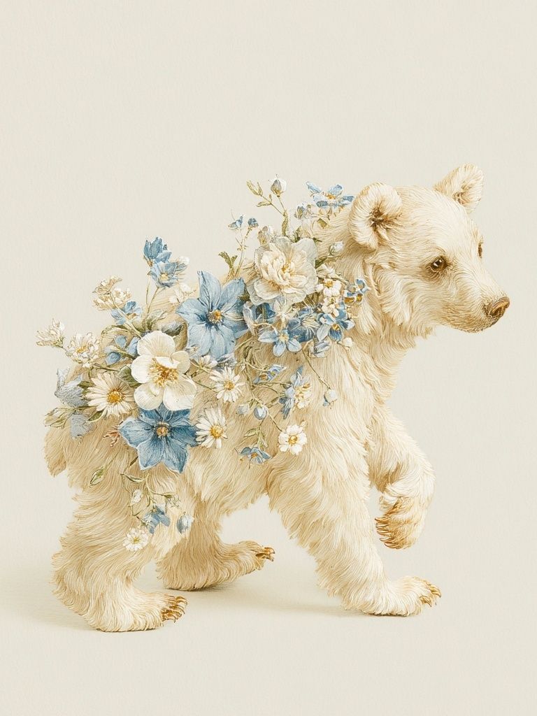 Floral Bear Cub Illustration Poster. poster detail