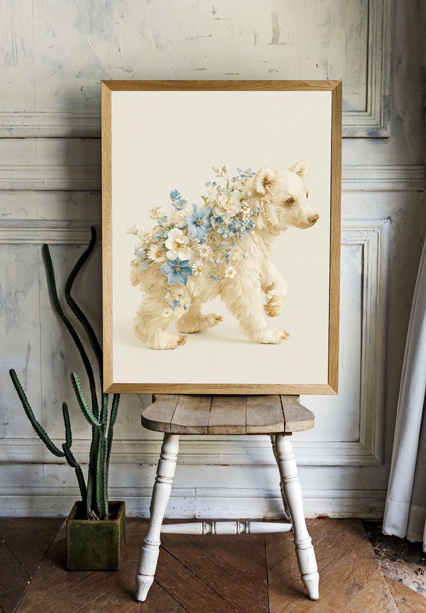 Floral Bear Cub Illustration Poster. room preview