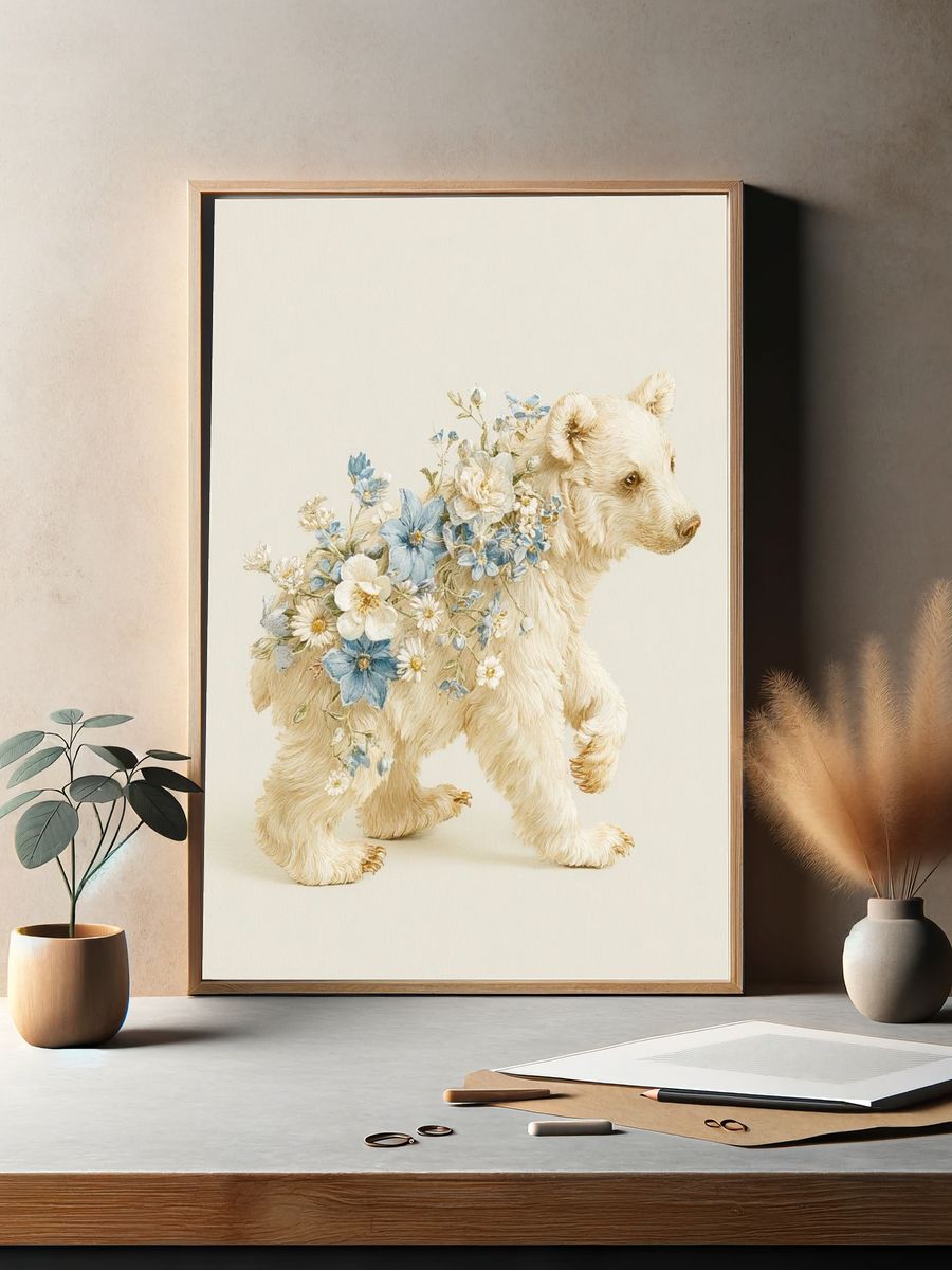 Floral Bear Cub Illustration Poster. — room view 2