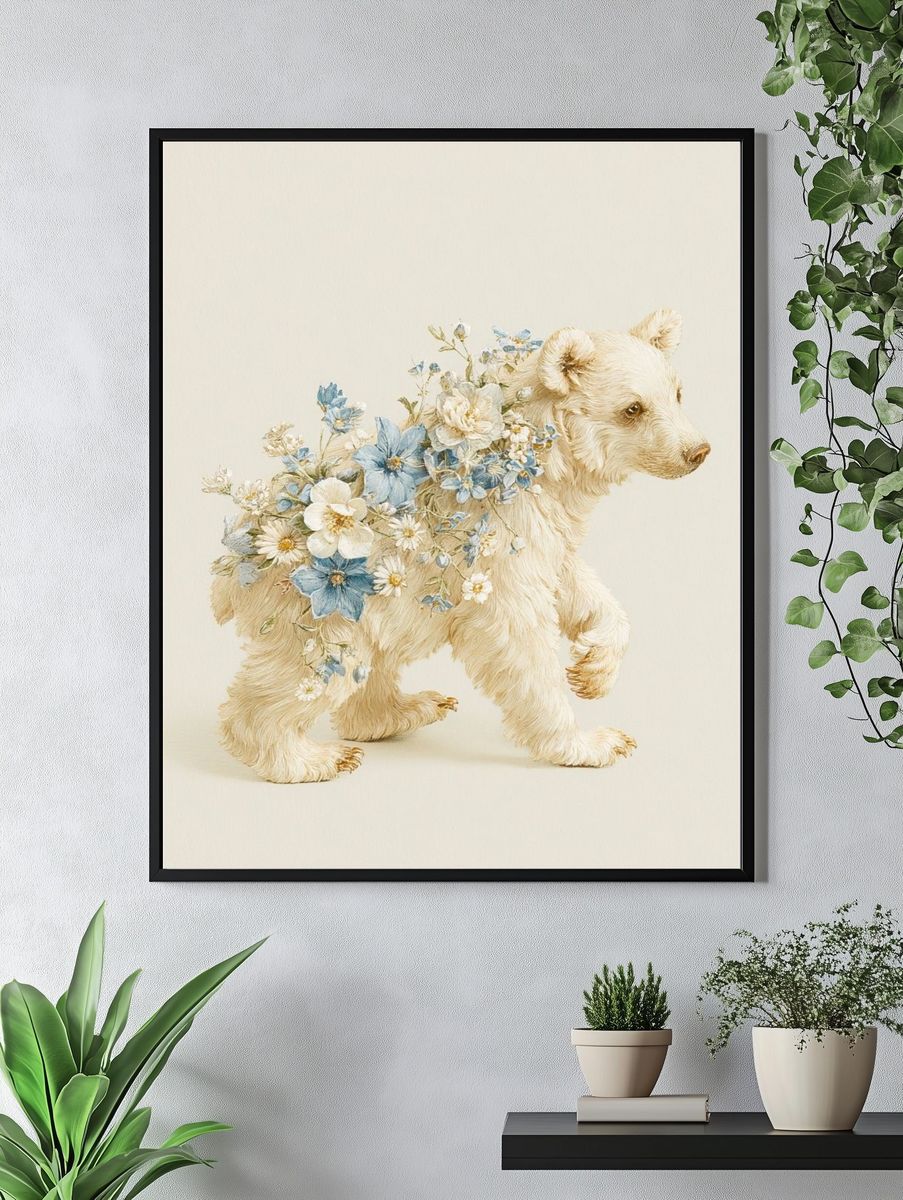 Floral Bear Cub Illustration Poster. — room view 4