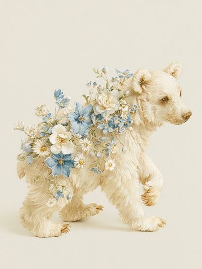 Floral Bear Cub Illustration Poster.