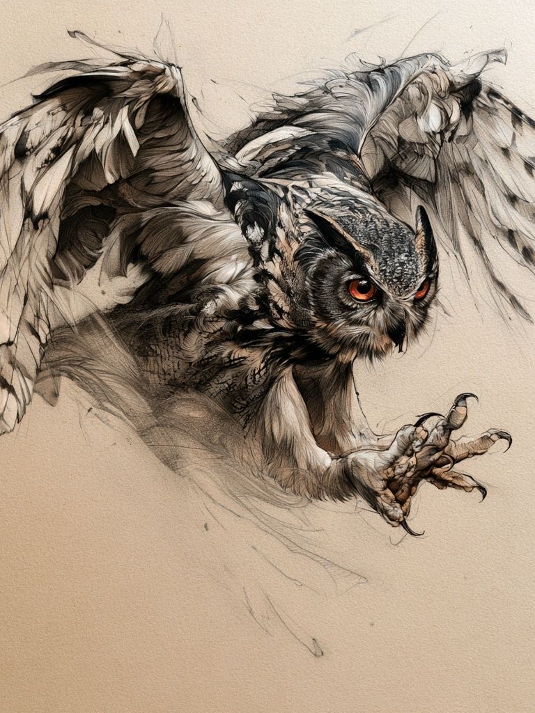 Owl in Flight Illustration Poster. poster detail